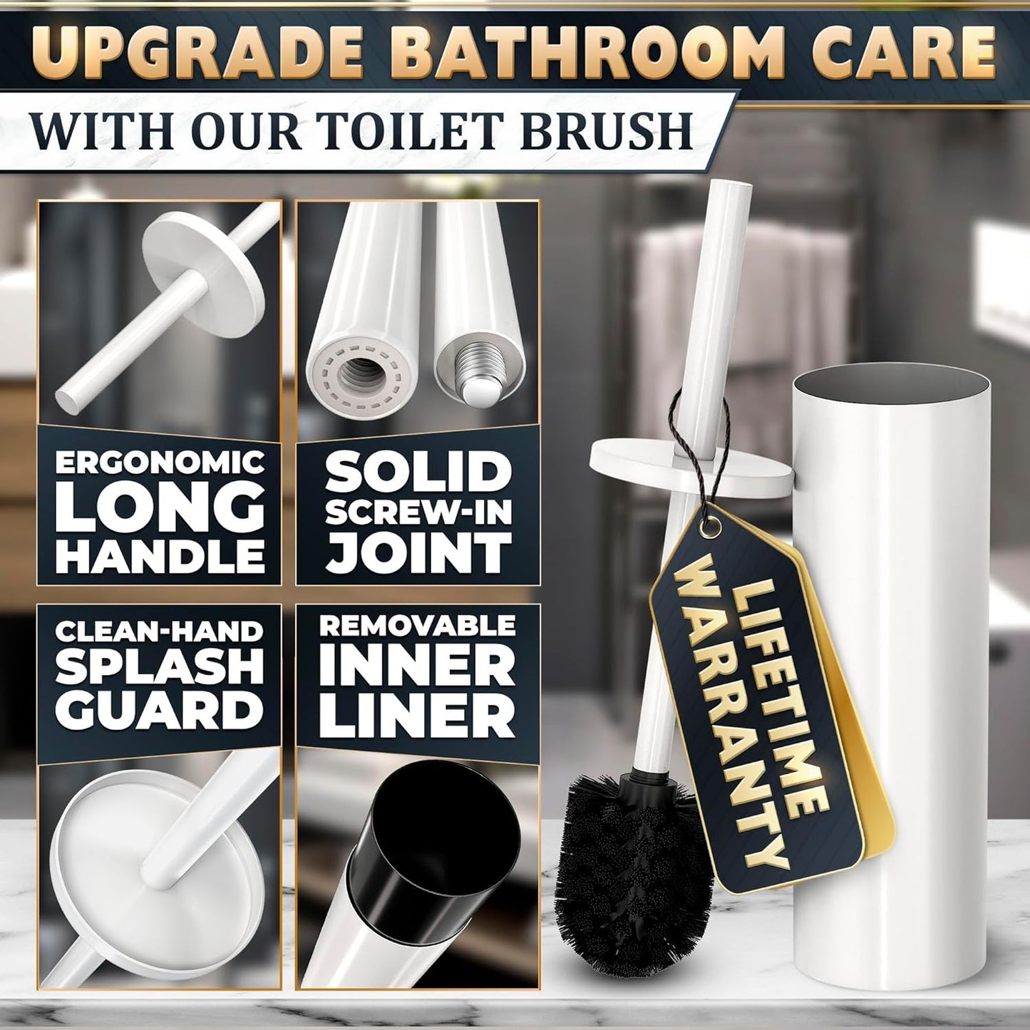 Stainless Steel Toilet Brush and Holder Set White - Long Handle Toilet Bowl Cleaner Brush and Holder - Removable Inner Liner, Shiny Design, Splash Protection & Dense Bristles for Bathroom Cleaning