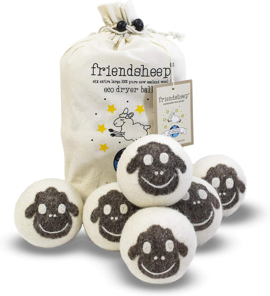 Wool Dryer Balls by Friendsheep 6 Pack XL Organic Premium Reusable Cruelty Free Handmade Fair Trade No Lint Fabric Softener Brown Sheep "Flock of Friends"