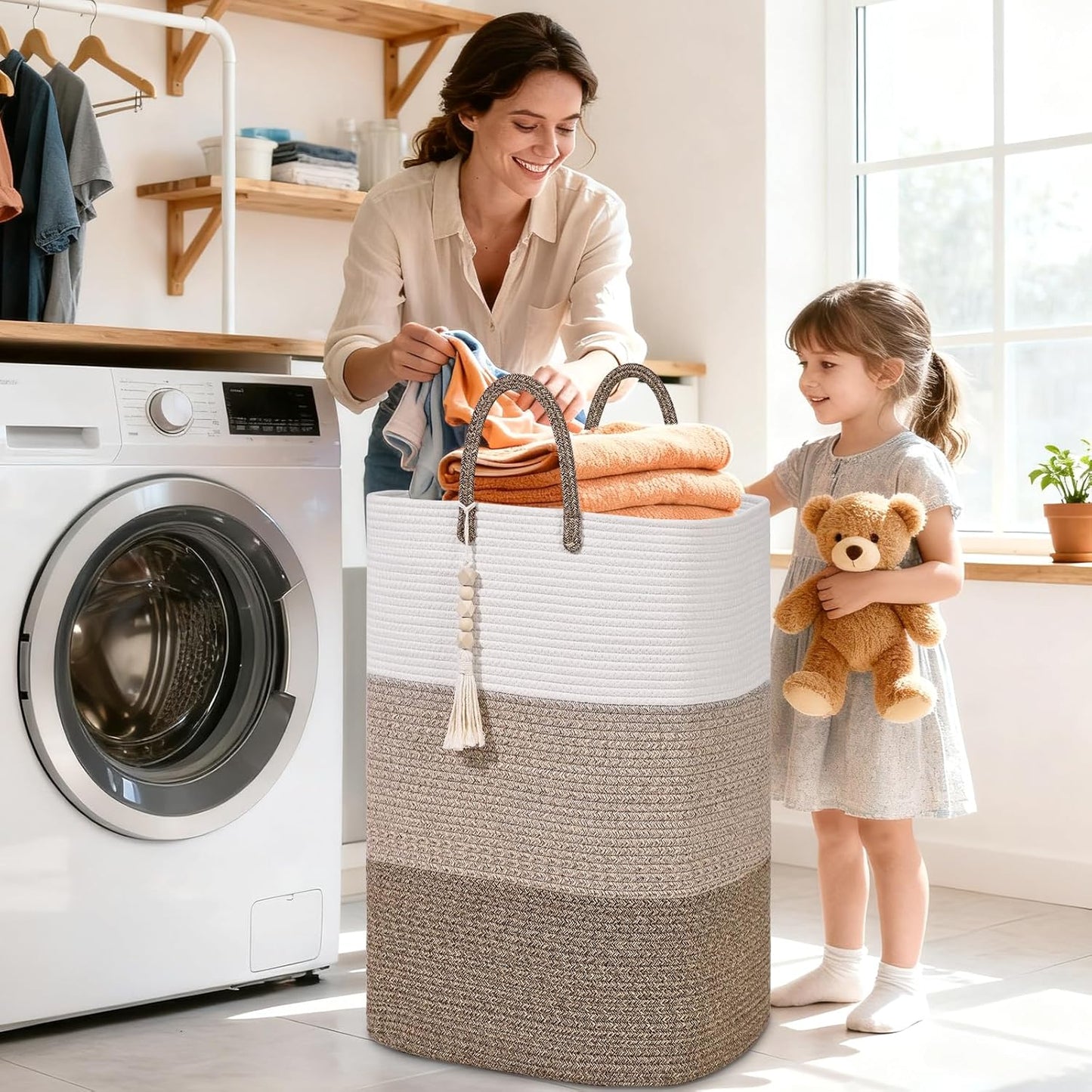 Woven Laundry Basket for Clothes,100 L Large Rectangle Laundry Hampers with Beads Tassel, Nursery Storage Basket for Toys, Tall Dirty Clothes Hamper for Bedroom Aesthetic, Laundry Room Organization