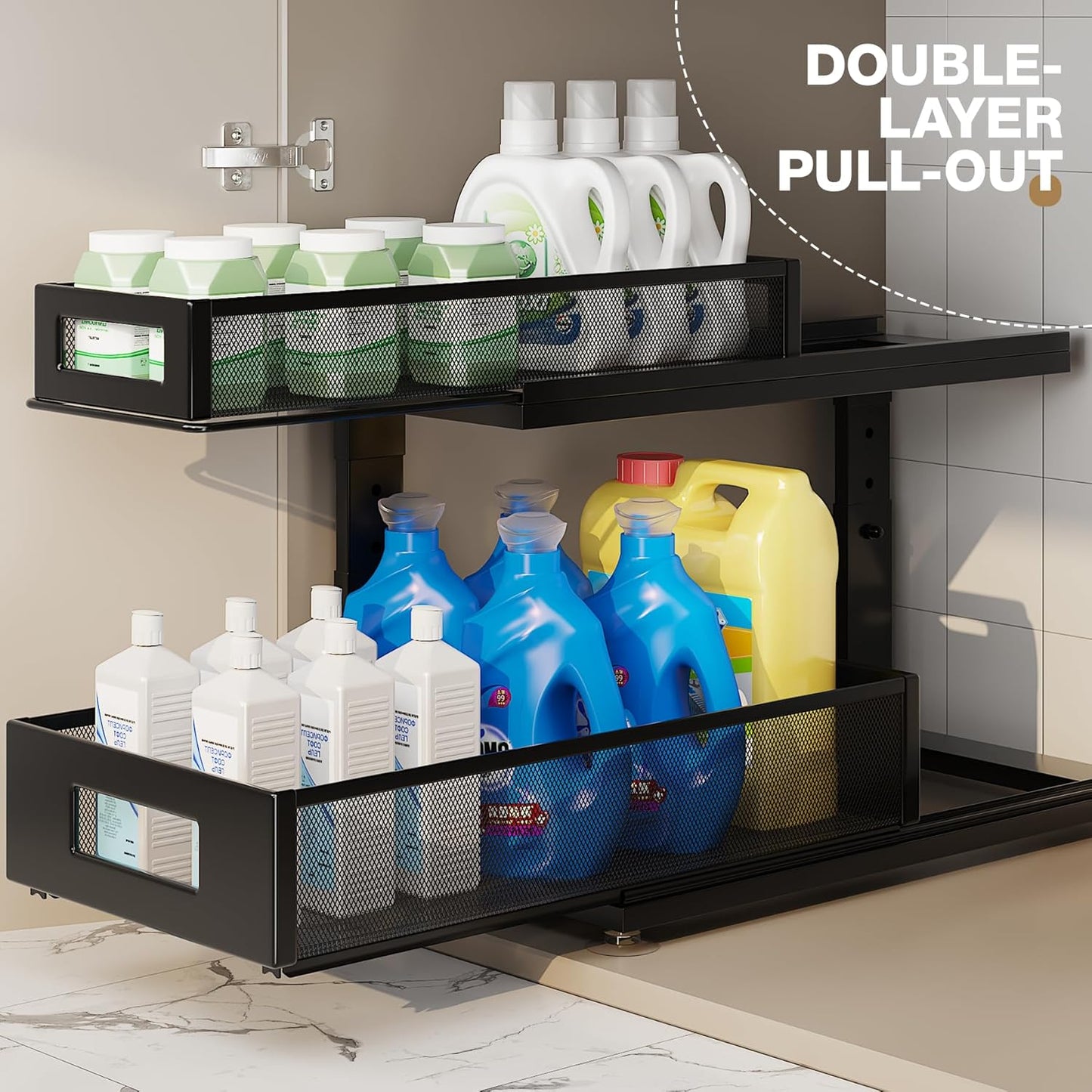 2 Pack 18.5IN-Depth Under Sink Organizer With Next-Gen Ball-Bearing Slides,2-Tier Pull Out Cabinet Storage,Height Adjustable Drawer Shelf for Bathroom,Kitchen,Laundry,Cabinet,Pantry-Black