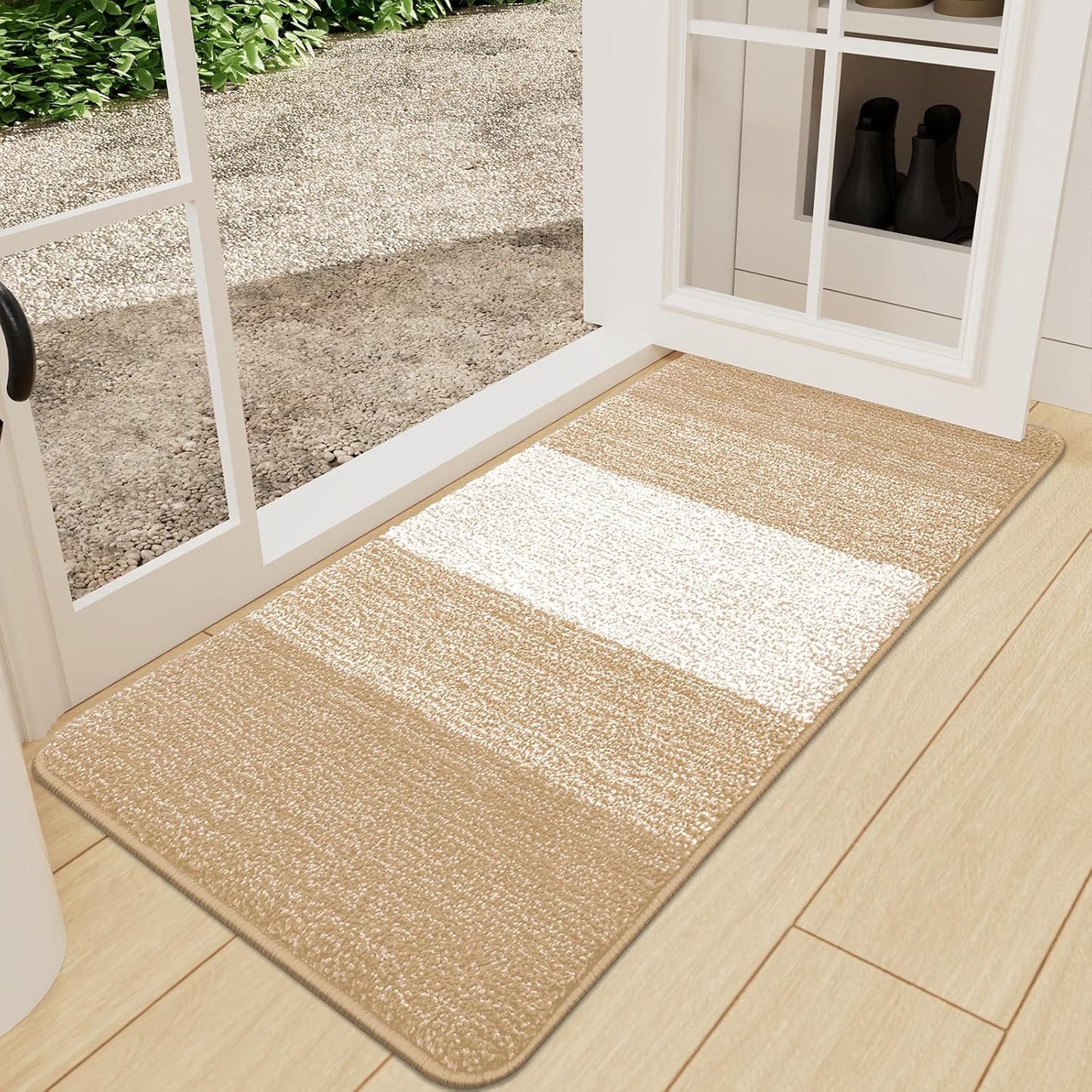 Kitinjoy Indoor Outdoor Door Mat, 47x24 Non-Slip Absorbent Dirt Trapper, Low-Profile Washable Inside Entrance Front Floor Mat, Sturdy Soft Entry Doormats for Entryway, Beige
