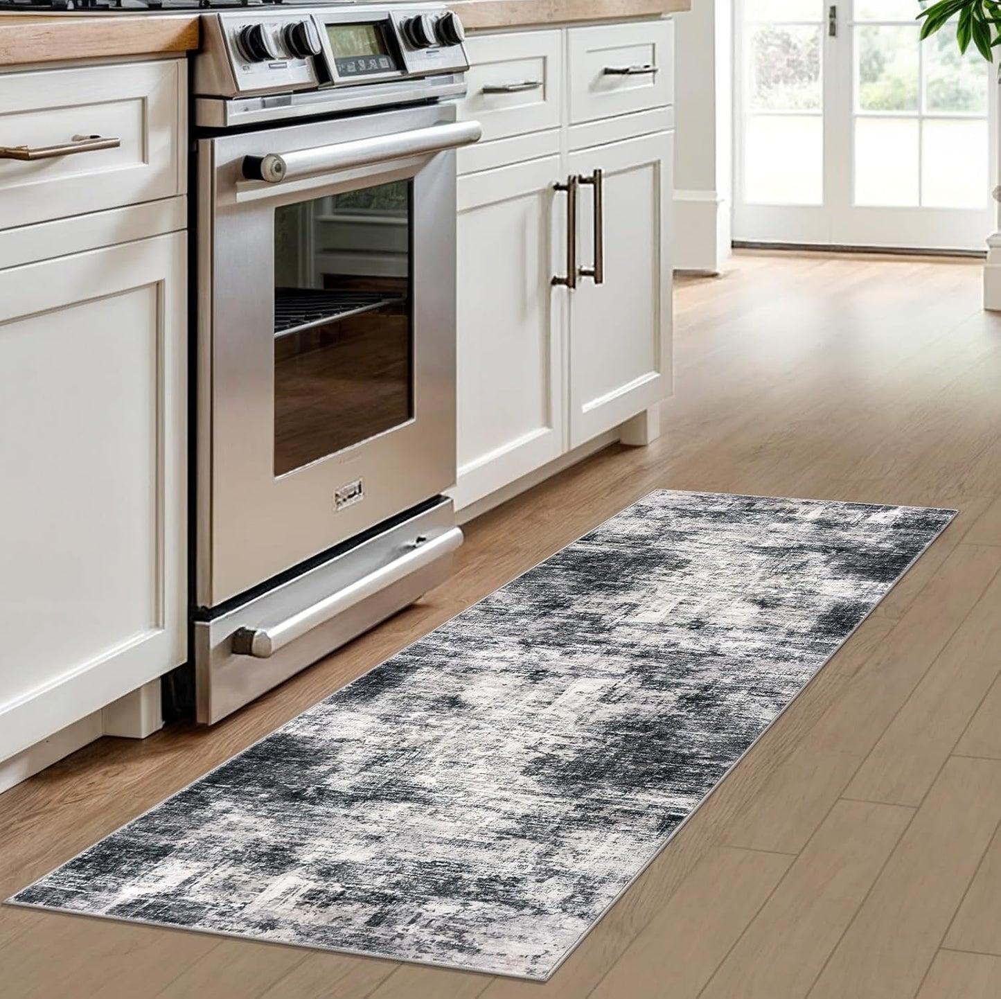 IOHOUZE Abstract Runner Rug 2x6 Ft Washable Runners for Hallways, Non Slip Kitchen Runner Printed Faux Wool Entryway Runner Indoor, Modern Abstract Floor Carpet for Hall Kitchen Bedroom, Black Gey