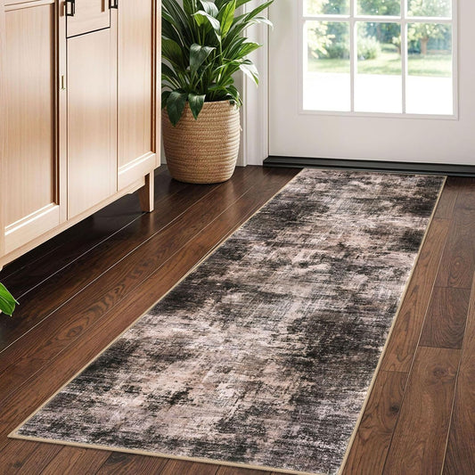 IOHOUZE Abstract Runner Rug 2x5 Ft Washable Runners for Hallways, Non Slip Kitchen Runner Printed Faux Wool Entryway Runner Indoor, Modern Abstract Floor Carpet for Hall Kitchen Bedroom, Brown/Rust