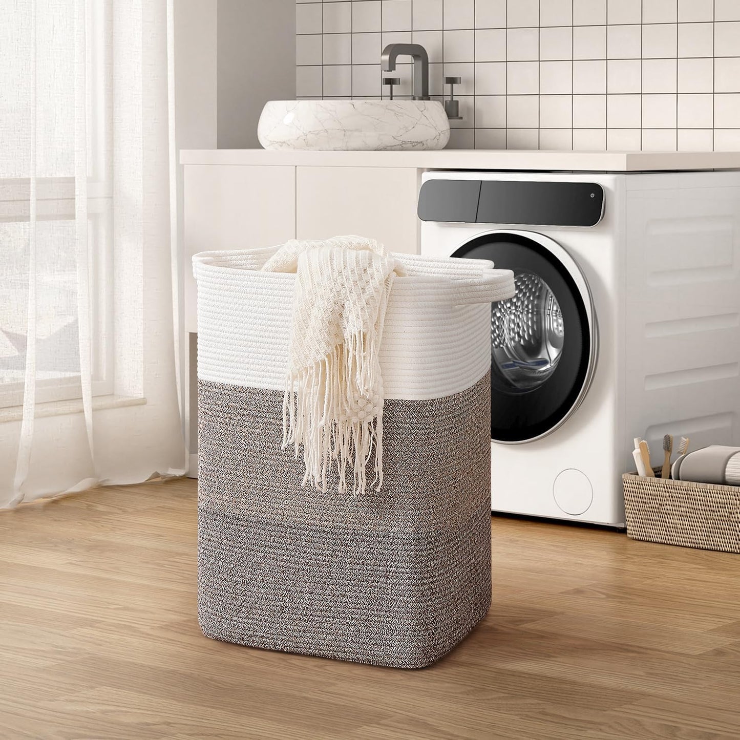 CLHMILY&Z 75L Laundry Hamper Rectangular Cotton Rope Basket - 16x13x22 Inches - Durable and Soft Storage Bin for Clothes, Toys, and Nursery Essentials, Brown & White