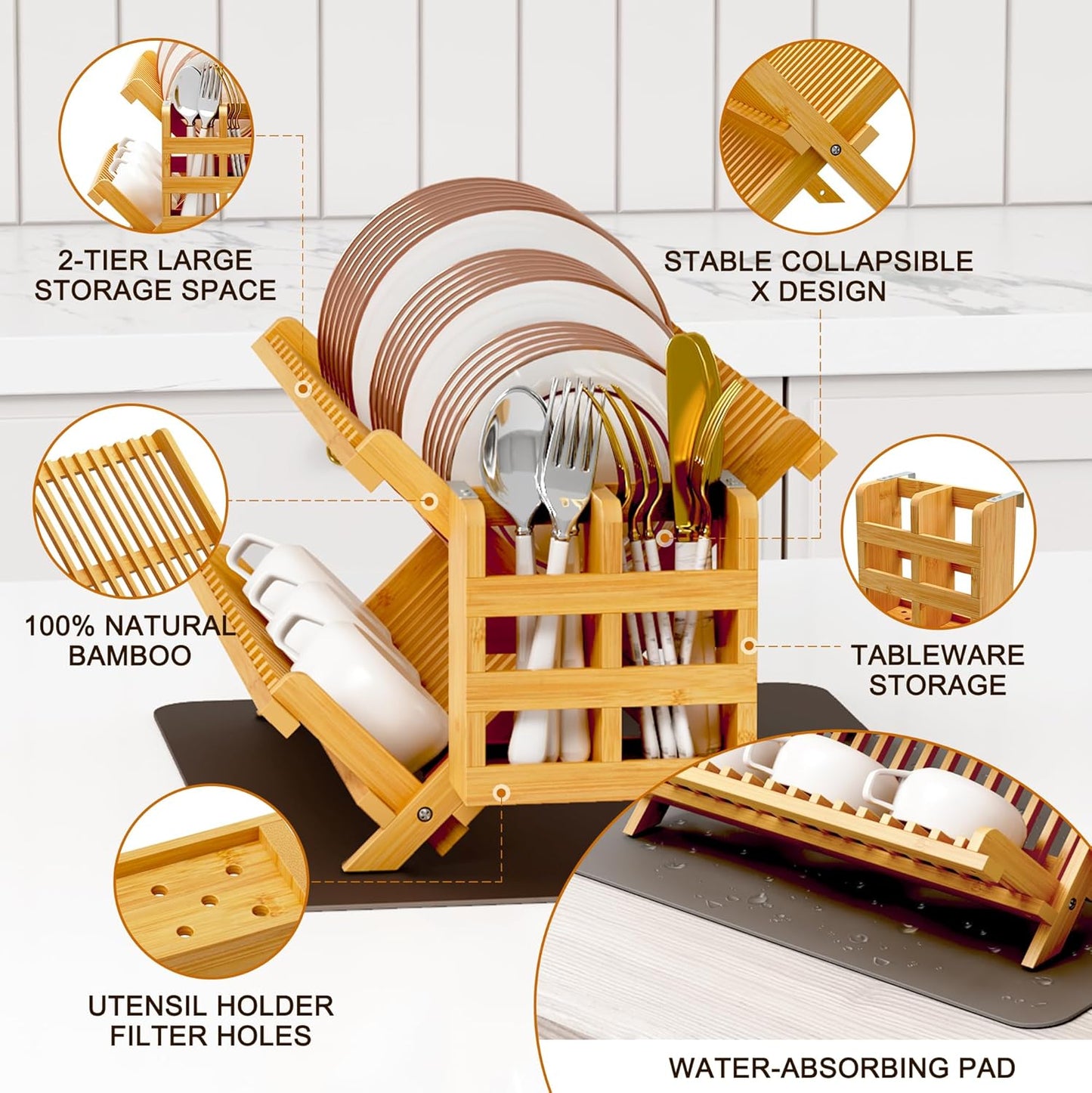 Greenual Bamboo Dish Drying Rack with Utensil Holder, 2 Tier Collapsible Dish Rack, Wooden Dish Racks for Kitchen Counter, Folding Drying Holder with Absorbent Dish Drying Mat