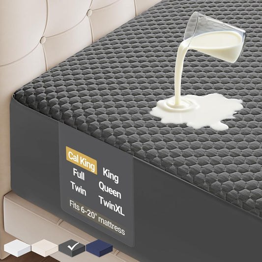 OhGeni 100% Waterproof Mattress Protector, California King-Gray Mattress Pad, Fits 6"-20" Mattresses with Deep Pocket, Cooling, Breathable Fitted Sheets, Soft Bed Cover, Noiseless, Machine Washable