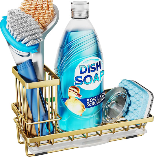 Consumest Sink Caddy, Kitchen Sponge Holder with Dish Brush Holder, Kitchen Sink Organizer with Drip Tray for Countertop, Stainless Steel Rustproof - Gold