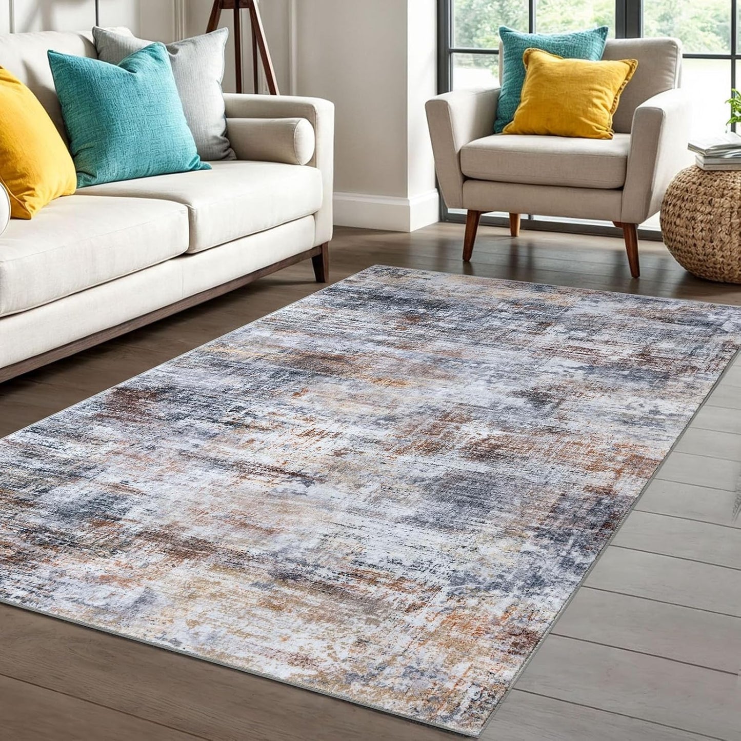 IOHOUZE Abstract Area Rug 4x6 Ft Washable Rugs for Entryway Indoor, Non Slip Small Living Room Rugs Printed Faux Wool Throw Rug, Floor Carpet for Kitchen Nursery Playroom, Orange Grey