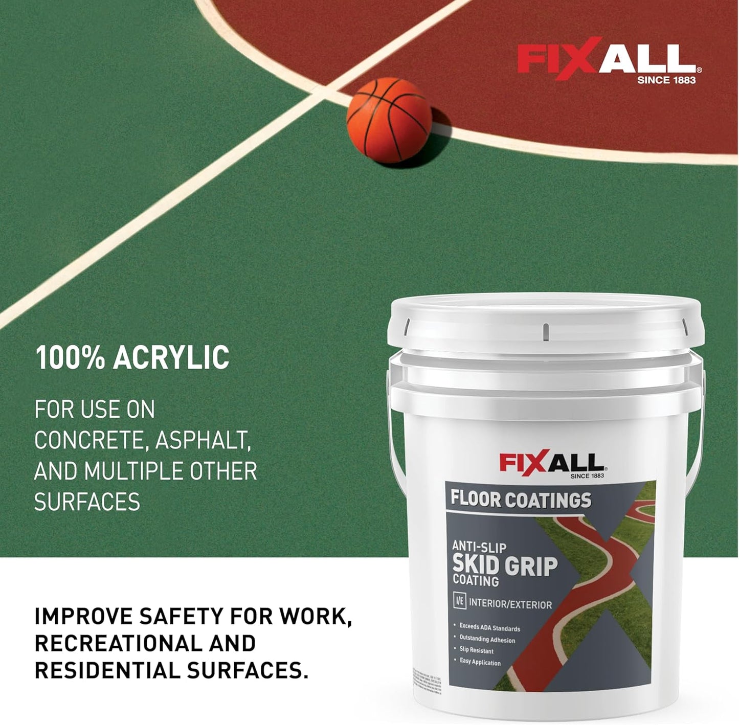 FIXALL Skid Grip Anti-Slip Coating, 5 Gallons, Crimson, Exceeds ADA Standards, Ideal for Safety Areas, Slip-Resistant Pavement, Cement & Concrete Paint