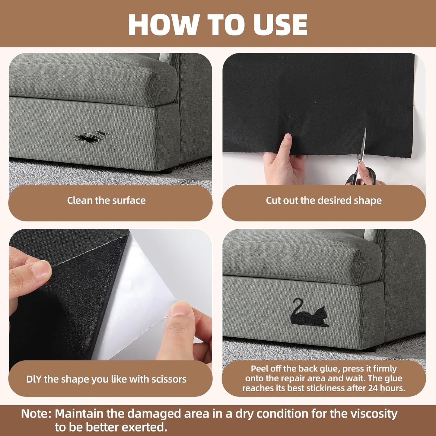 Fabric Repair Patch, 17X79 Inch Fabric Large Repair Tape, Self-Adhesive Patches for Furniture, Sofa, Car Interior, Shoes, Hand Bag, Clothing (Black, 17X79 Inch)