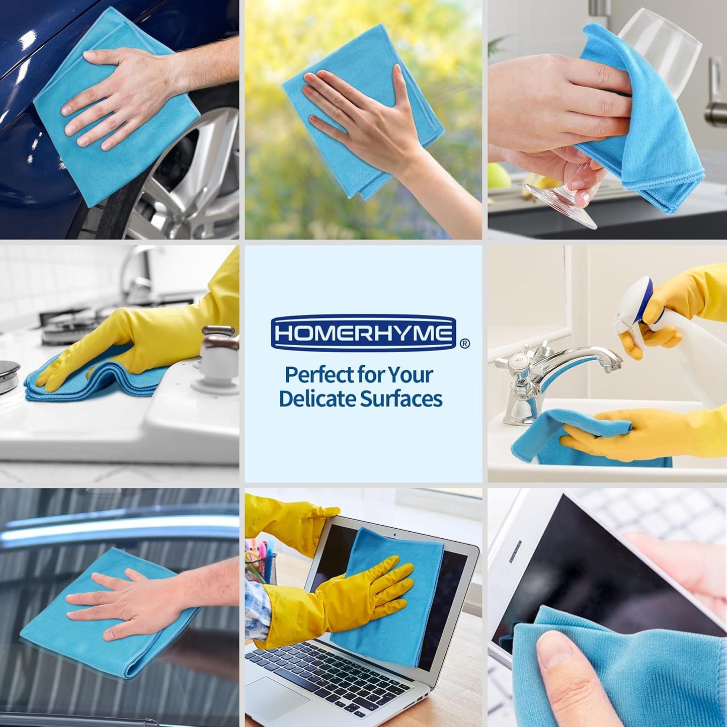 HOMERHYME Microfiber Glass Cleaning Cloth - 10 Pack Polishing Cloths, 16" x 14" Window Cleaning Towel, Streak Free, Lint Free, Great for All Delicate Surface, Glasses, Stainless Steel, Windshield.