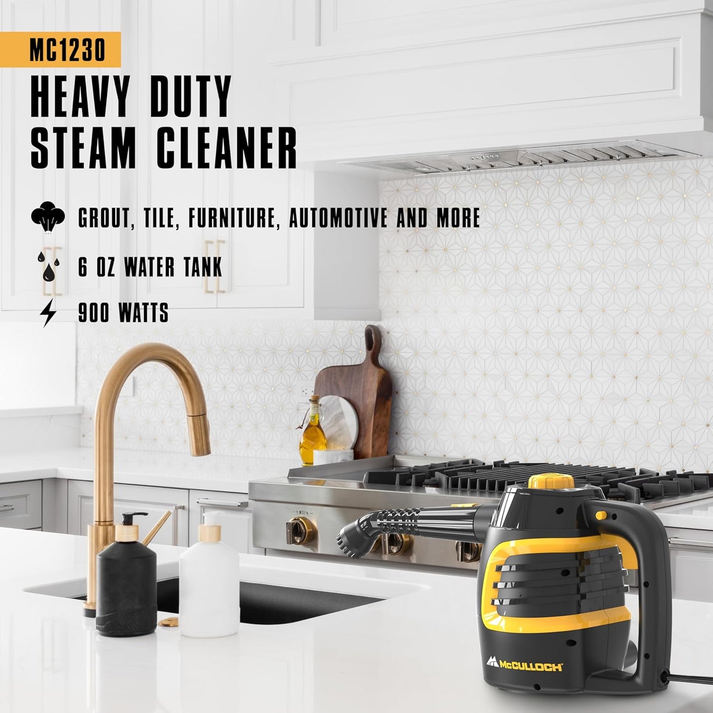 McCulloch MC1230 Handheld Steam Cleaner, 10 Minute Runtime, 11 Accessories: Jet Nozzle, Brushes, & More - Built for Home, Tile, Grout, Carpet, Furniture, & Personal Car Detailing