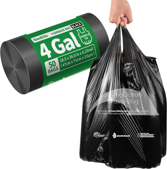 Small Trash Bags with Handles 4 Gallon 50 Count Black - Ocean Plastic Upcycling - Plastic Garbage Bags, Can Bin & Waste Basket Liner for Kitchen, Bathroom, Office and Pets