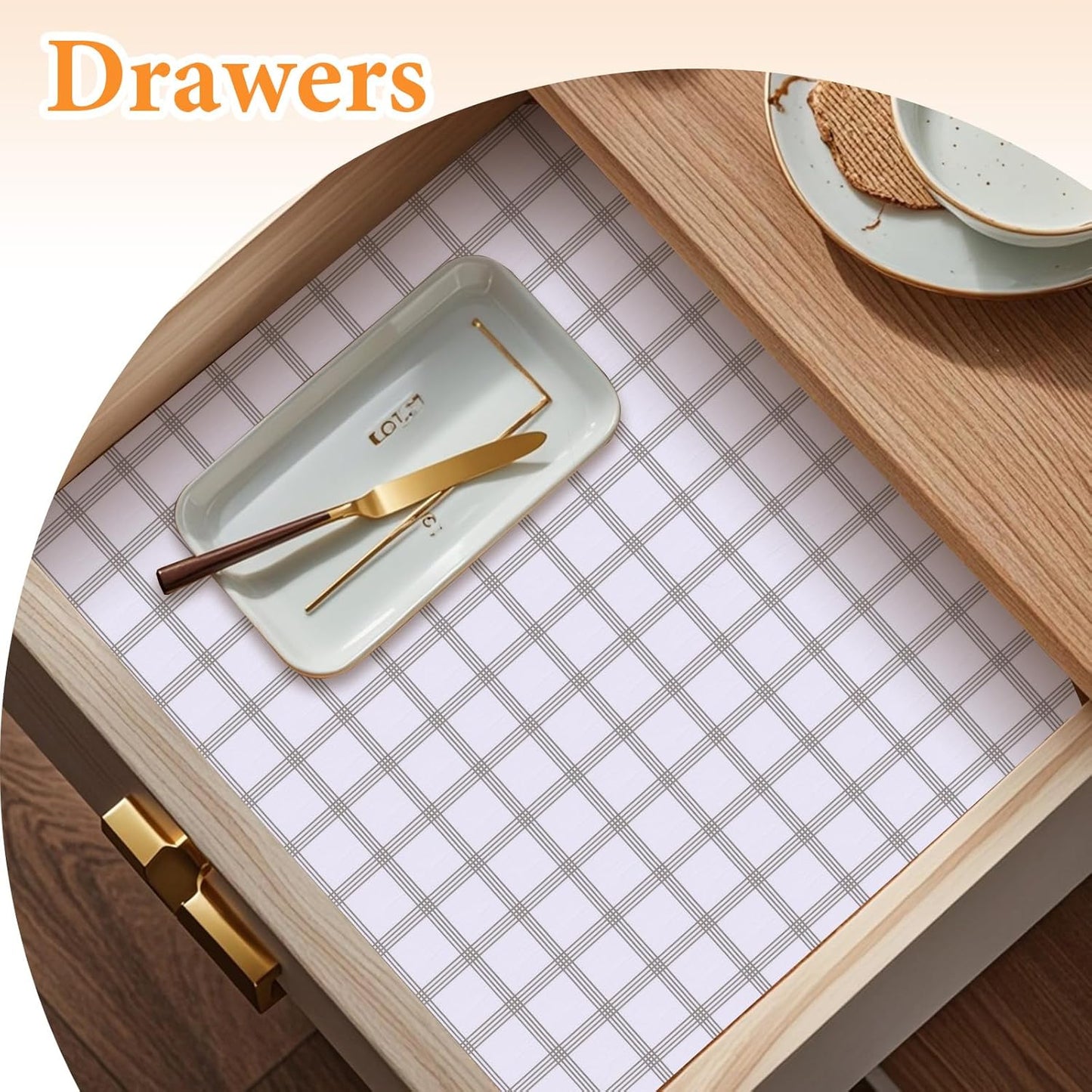 Shelf Liner for Kitchen Cabinets Non Adhesive Drawer Liner Non-Slip Thickened Shelf Liner Paper Strong Easy to Clean for Tool Box Refrigerator with Knife and Tape Measure, White Square, 11.8 x 354 in