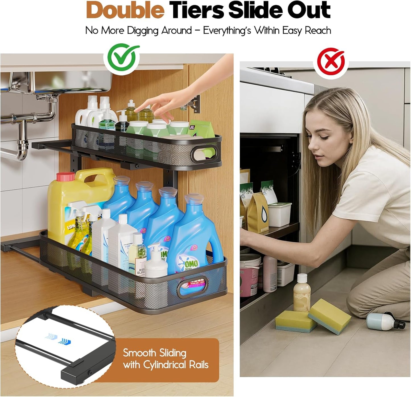 2 Pack 19.3IN-Depth Under Sink Organizer with Smooth Cylindrical Rail,2-Tier Pull Out Multi-Purpose Cabinet Storage for Bathroom&Kitchen,Height Adjustable,Rust-Resistant Coating-Black