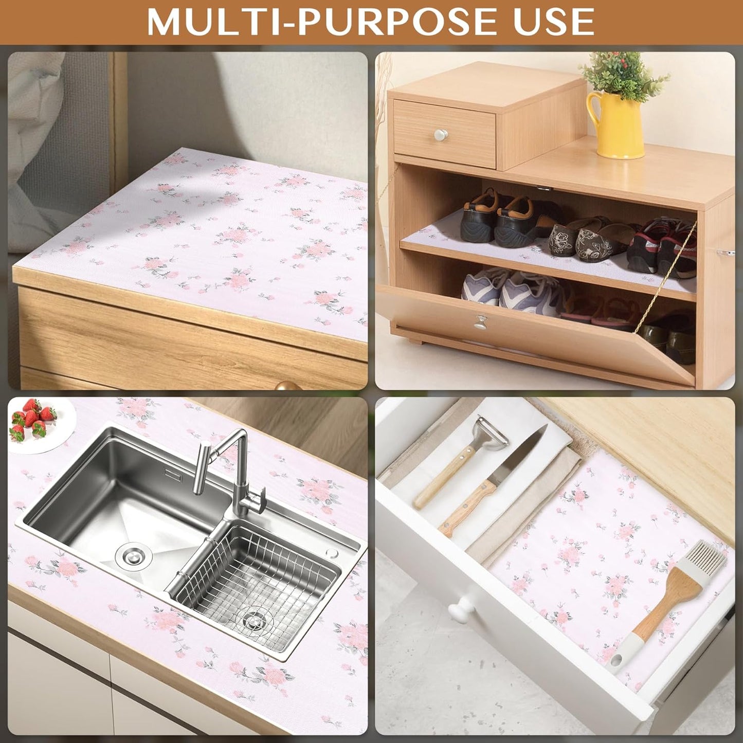 Non-Adhesive Shelf and Drawer Liner for Kitchen Cabinets, 12 in x 17FT Strong Non-Slip Cabinet Liners for Shelves, Refrigerator, Pantry Storage, Bathroom Closet, Easy to Clean, Floral