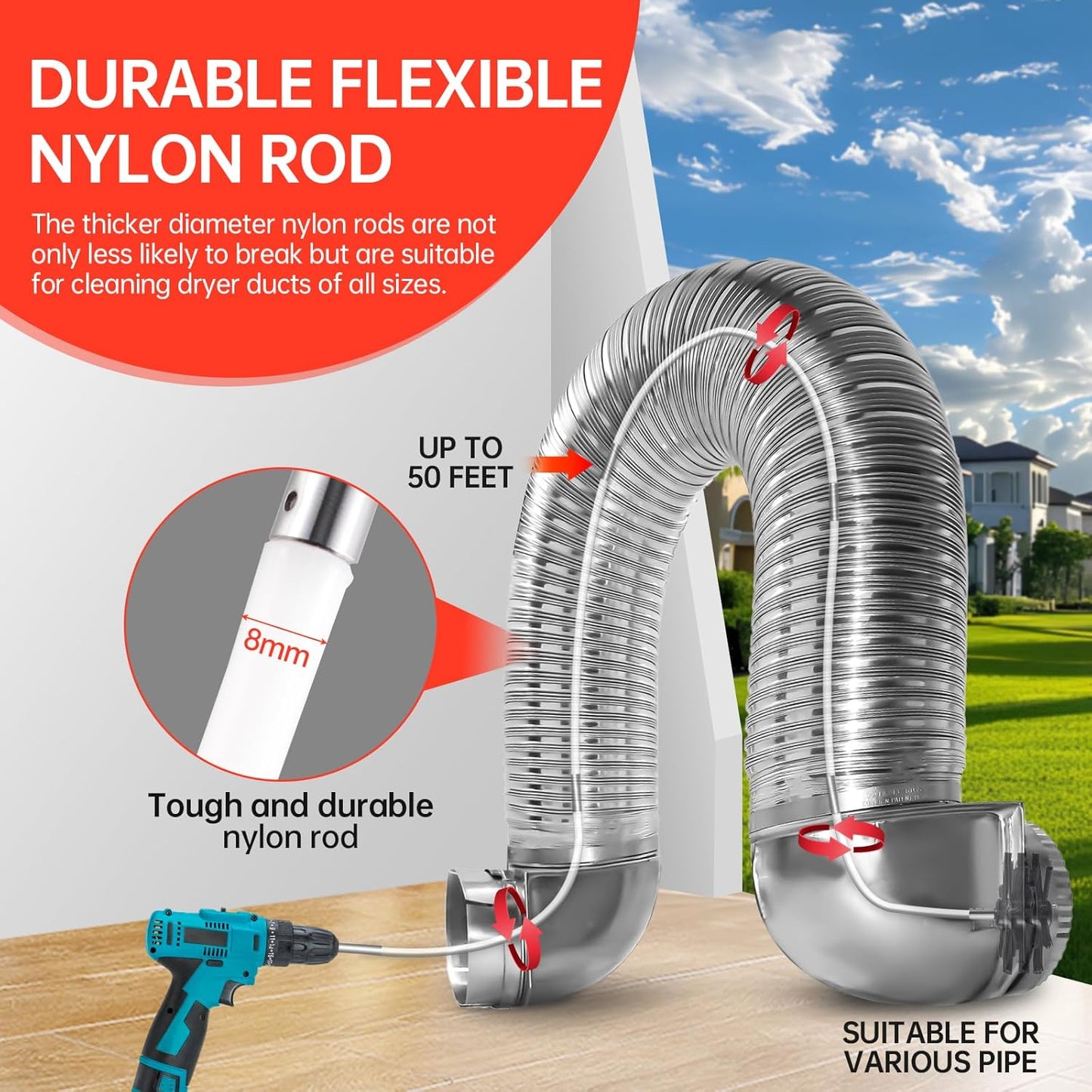 BLuesea Dryer Vent Cleaner Kit, 15-Piece Ultimate Dryer Cleaning Kit Include 50 Feet Dryer Vent Brush, Upgrade Noiseless Dryer Lint Vacuum Attachment, Lint Trap Brush, Vacuum & Dryer Adapters