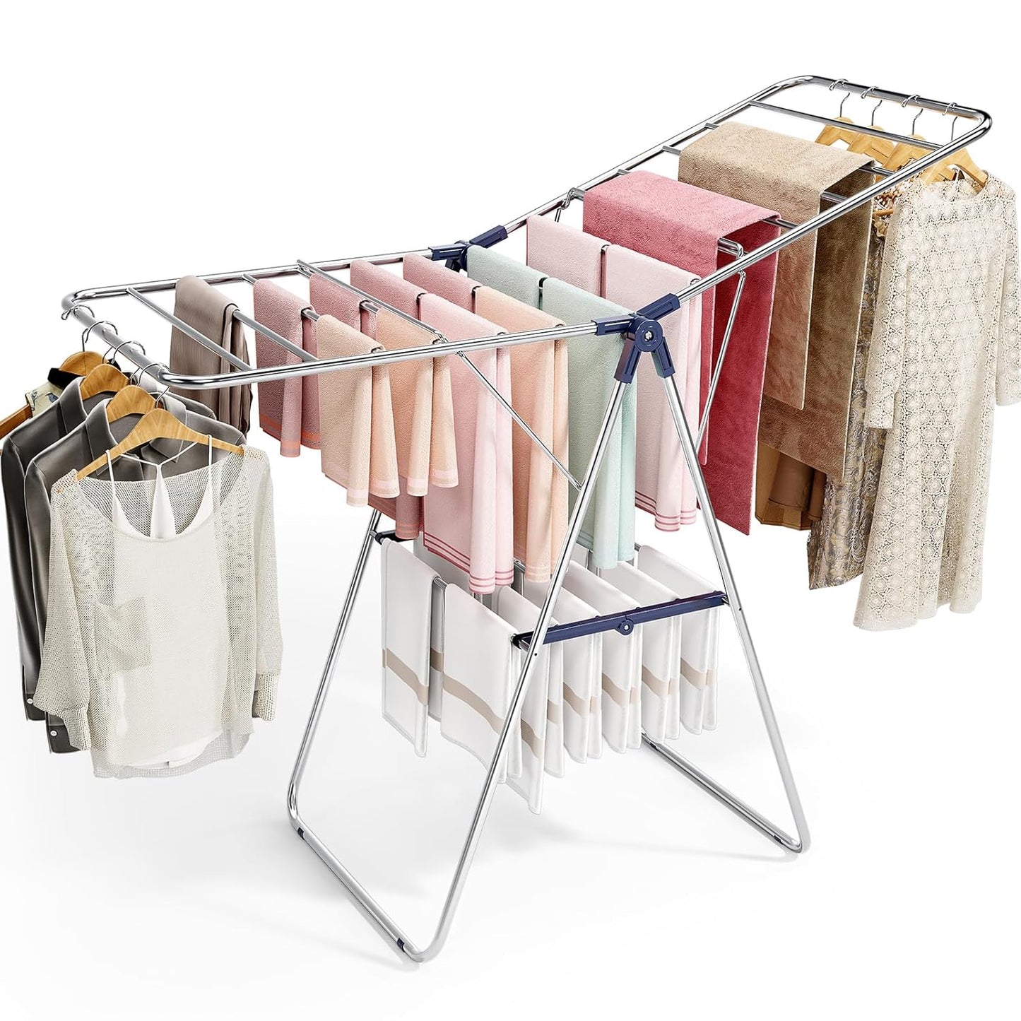 APEXCHASER Clothes Drying Rack, Stainless Steel Drying Rack Clothing with Height-Adjustable, Foldable Gullwings Laundry Drying Rack, Indoor Outdoor Use, No Assembly