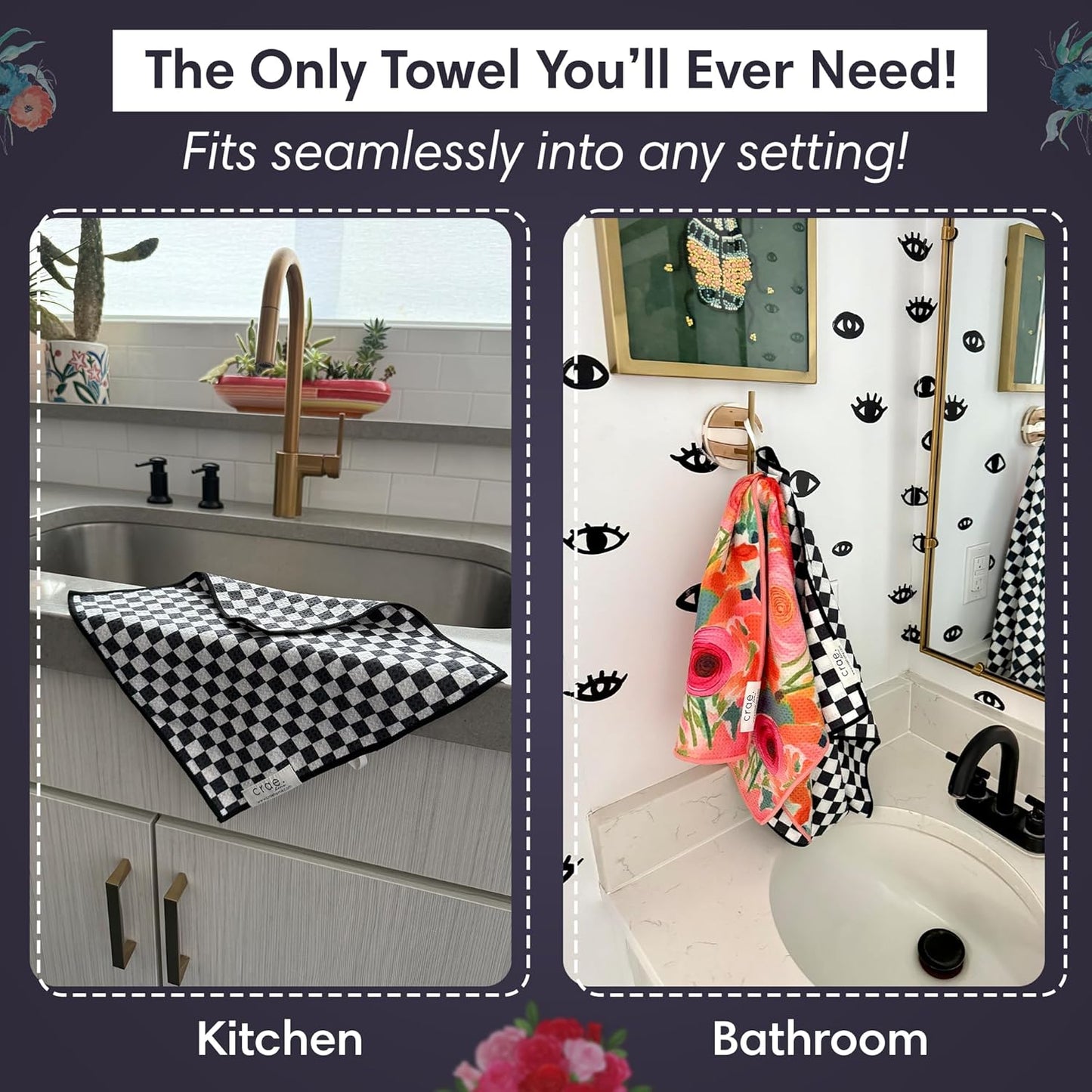 Microfiber Hand Towel & Washcloth Set of 2 - Double-Sided, Waffle Weave, Super Absorbent, Lint-Free, Fast Drying - Pia & Fonnie Pattern for Bathroom, Kitchen, Car, and Window Cleaning