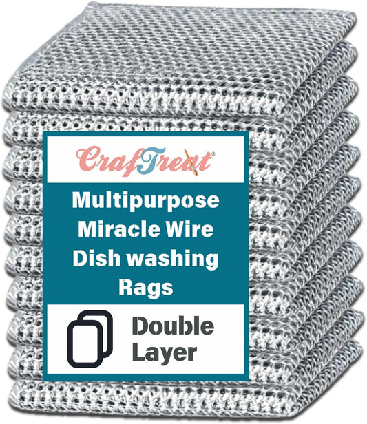 CrafTreat Non Scratch Wire Dishwashing Rag - Double Layer 10 Pcs, Reusable Multipurpose Wire Dishcloth for Wet & Dry Cleaning, Ideal for Kitchen, Sinks, Pots & Pans