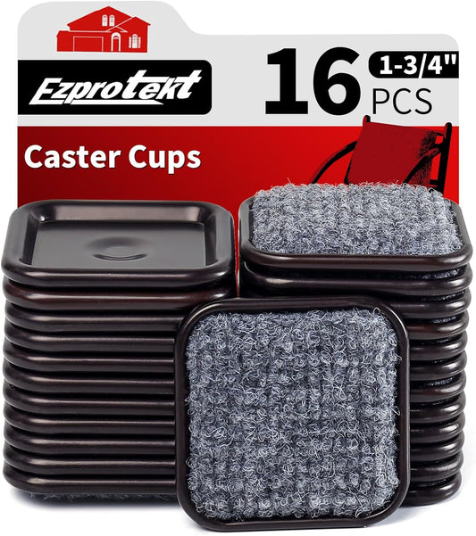 Ezprotekt 1 3/4" Square Reusable Felt Furniture Caster Cups with Carpet Bottom, 16 Pcs Felt Furniture Sliders Floor Protectors Pads to Protect Hardwood, Tile Floors Carpet from Scratches (Brown/Gray)