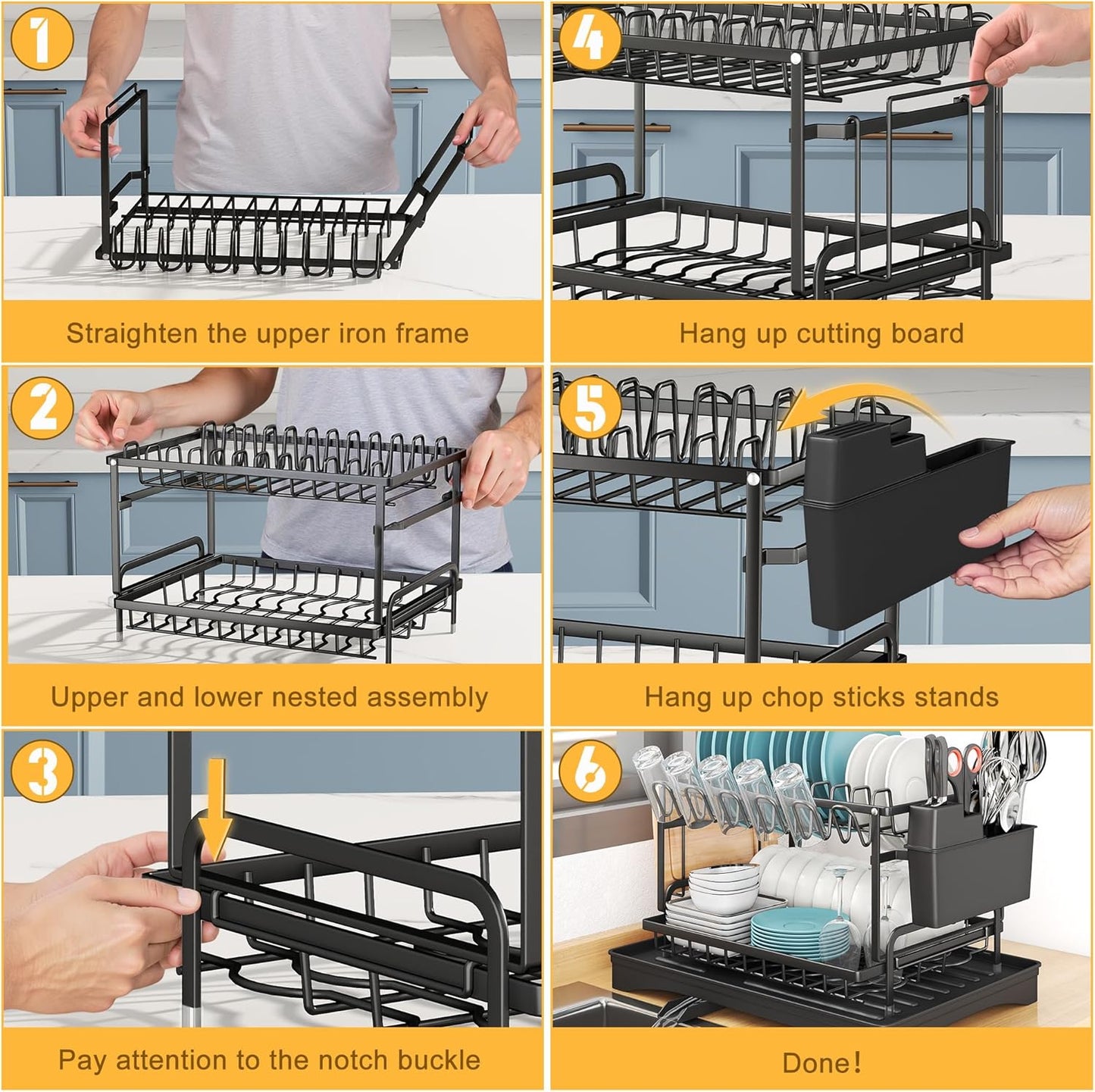 Dish Drying Rack-Dish Rack for Kitchen Counter, 2-Tier Kitchen Organizers and Storage Rack with Drainboard and Cutlery Holder, Large 1 Pack Carbon Steel