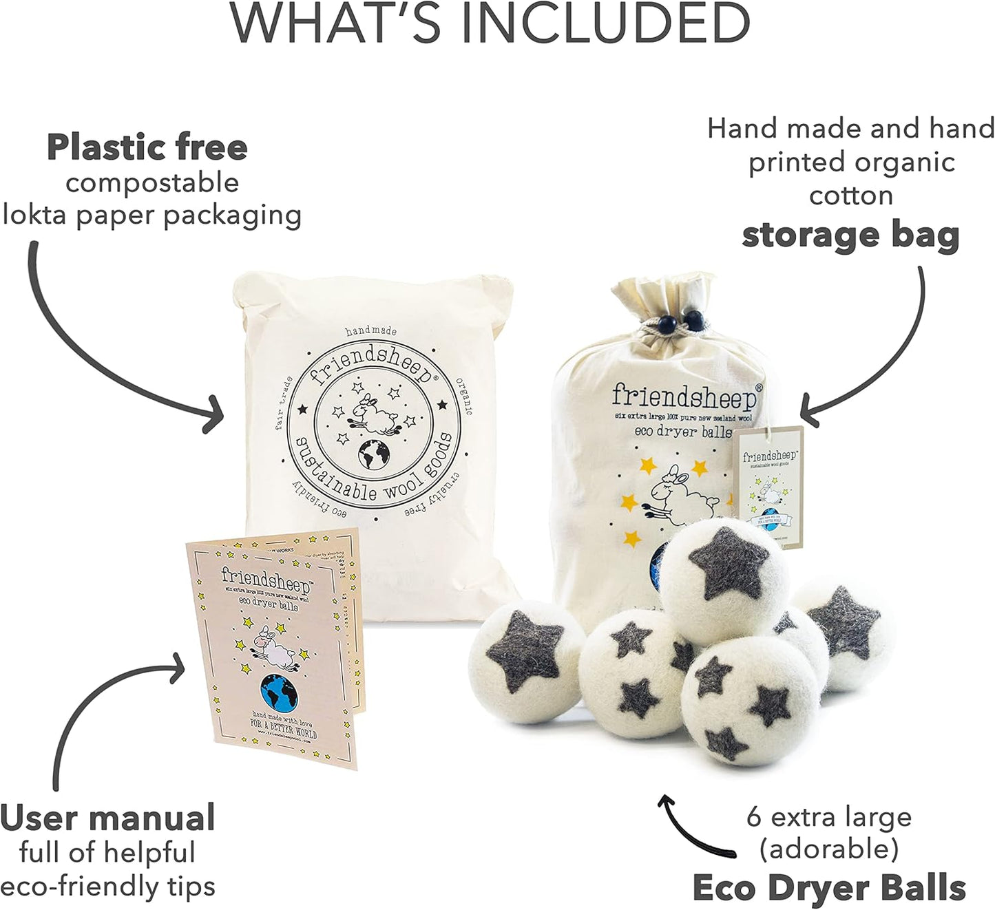 Friendsheep Wool Dryer Balls 6 Pack XL Organic Premium Reusable Cruelty Free Handmade Fair Trade No Lint Fabric Softener Star - Stars Galore