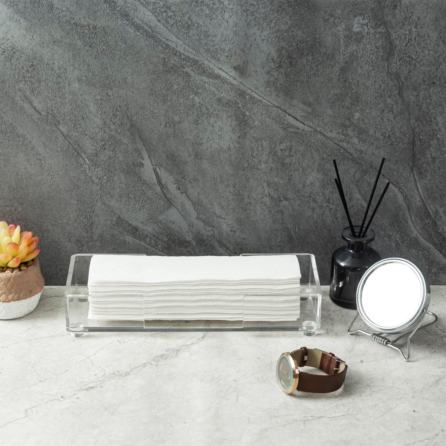 MyGift Modern Premium Clear Acrylic Bathroom Paper Towel Holder for Trifold, Z-Fold and Multifold, Commercial Grade Countertop Disposable Folded Napkin Dispenser Tray for Home, Office, or Business