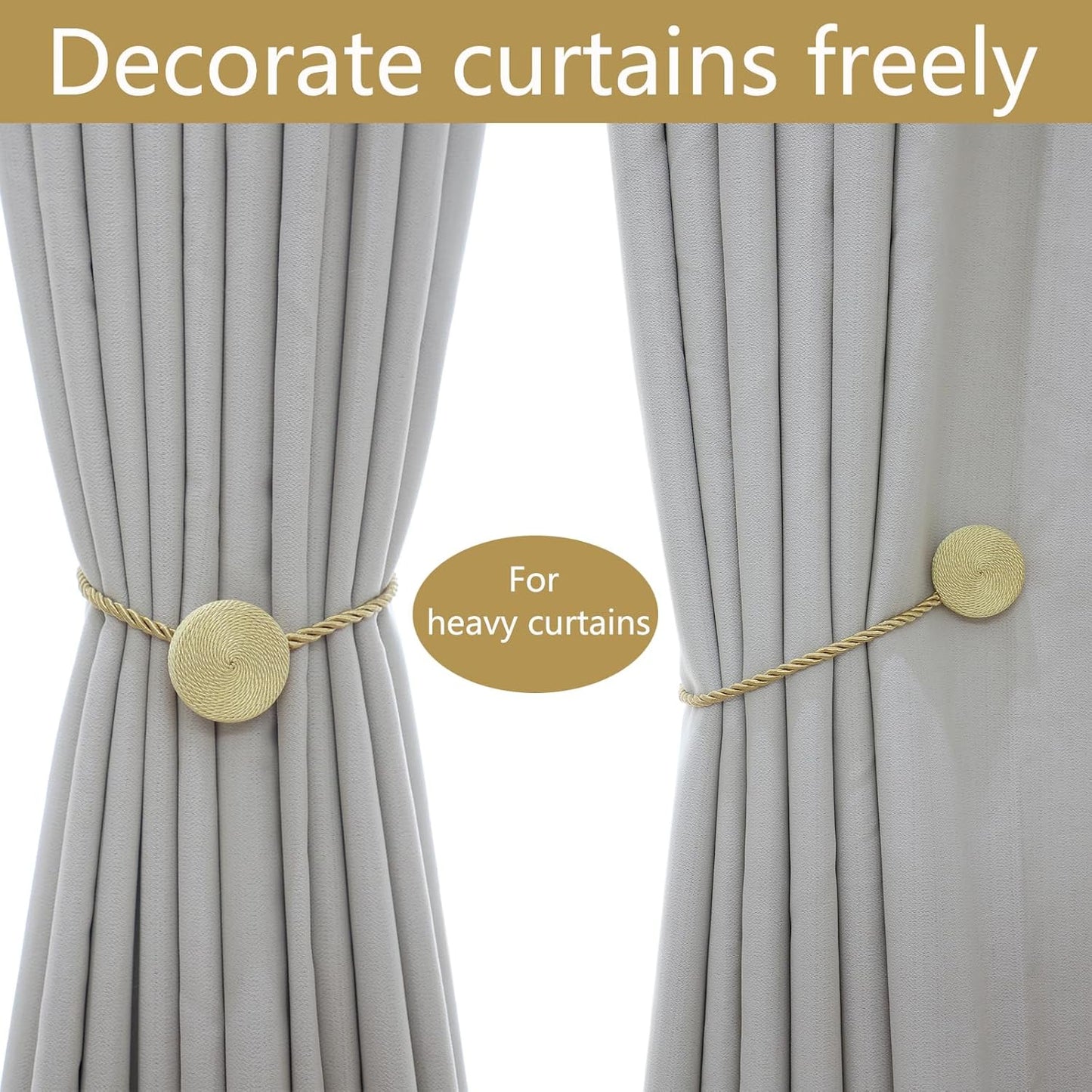 Magnetic Curtain Tiebacks - 12mm Magnetic Tie Backs for Curtains, Heavy Duty No Drill Curtain Holdbacks for Home/Office Windows Drapes, Elegant Gift-Ready Design 7 Colors (2, Gold)