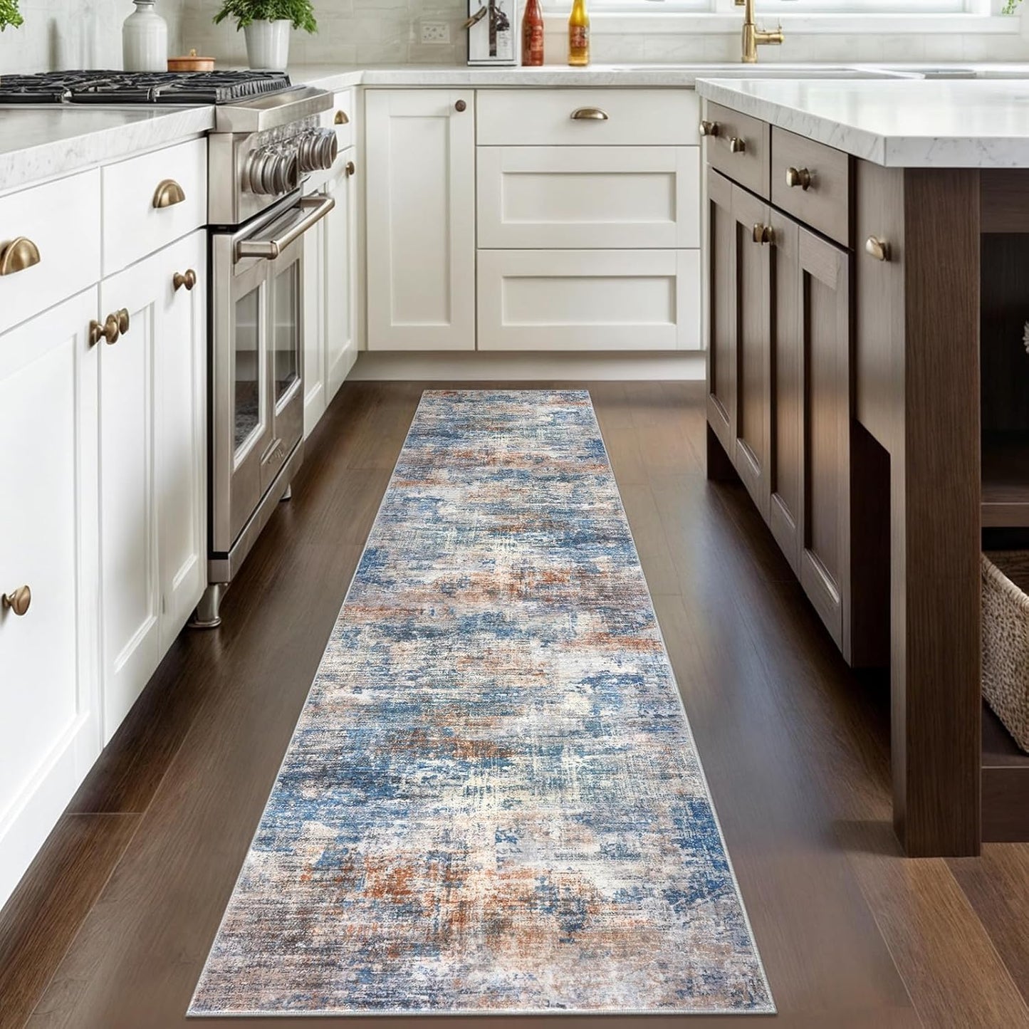 IOHOUZE Abstract Runner Rug 2x8 Ft Washable Runners for Hallways, Non Slip Kitchen Runner Printed Faux Wool Entryway Runner Indoor, Modern Abstract Floor Carpet for Hall Bedroom, Blue Rust