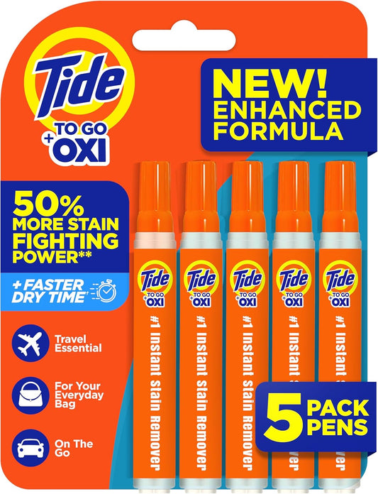 Tide Stain Remover for Clothes, Tide To Go Pen, Instant Stain & Spot Remover for Clothes, Travel & Pocket Size, 5 Count (Pack of 1) (Packaging May Vary)
