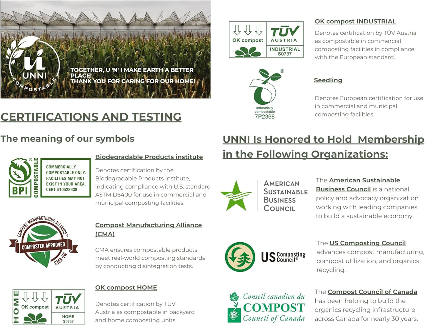 UNNI Compostable Trash Bags, 8 Gallon / 30 Liter, 400 Count Value Pack, Extra Thick 0.85 mil Medium Kitchen Food Scrap Bin Liners, BPI, CMA & OK compost HOME Certified, Meets ASTM D6400