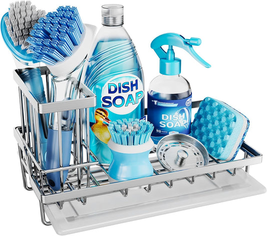 Consumest Sink Caddy, Kitchen Sponge Holder with Dish Brush Holder, Kitchen Sink Organizer with Drip Tray for Countertop Stainless Steel Rustproof, Silver-Large