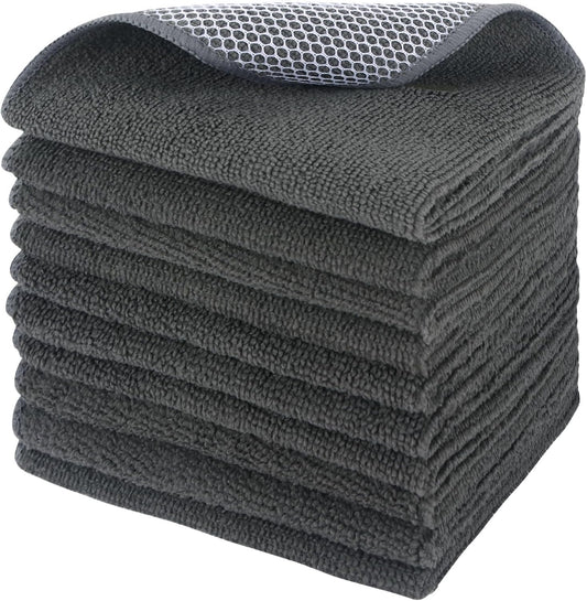 SINLAND Microfiber Dish Cloths Wash Clothes for Kitchen Best Kitchen Cloths Cleaning Cloth Poly Scour Side 12"x12" (10Pack, Dark Grey)