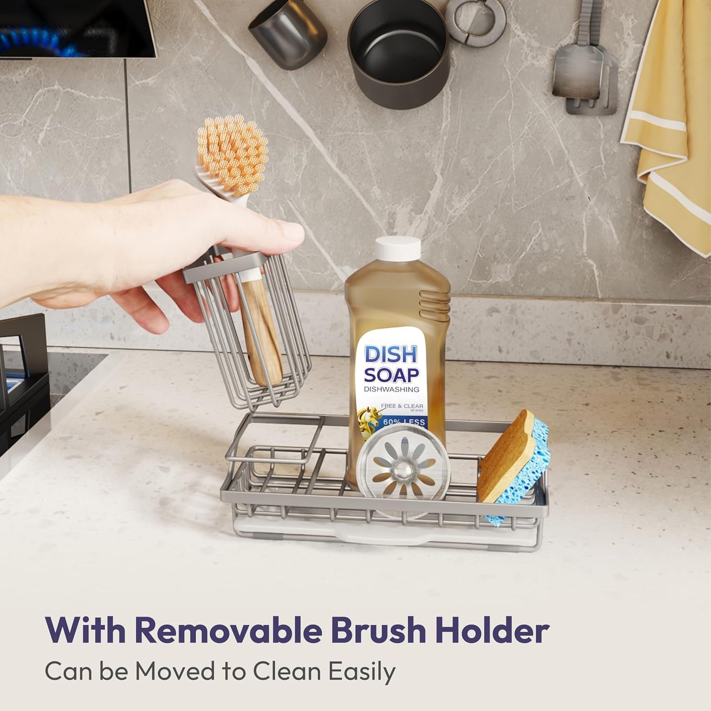 SWTYMIKI Sink Caddy Sponge Holder - Kitchen Sink Organizer with High Brush Holder for Countertop to Hold Dish Soaps and Sponges, Stainless Steel, Sand Nickel