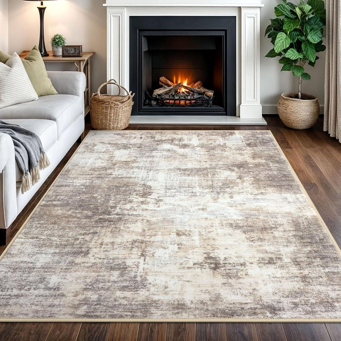 IOHOUZE Abstract Area Rugs 5x7 Ft Washable Rugs for Living Room, Non Slip Dining Room Rug, Printed Faux Wool Rugs for Bedroom, Floor Carpet for Office Nursery Playroom, Beige Brown