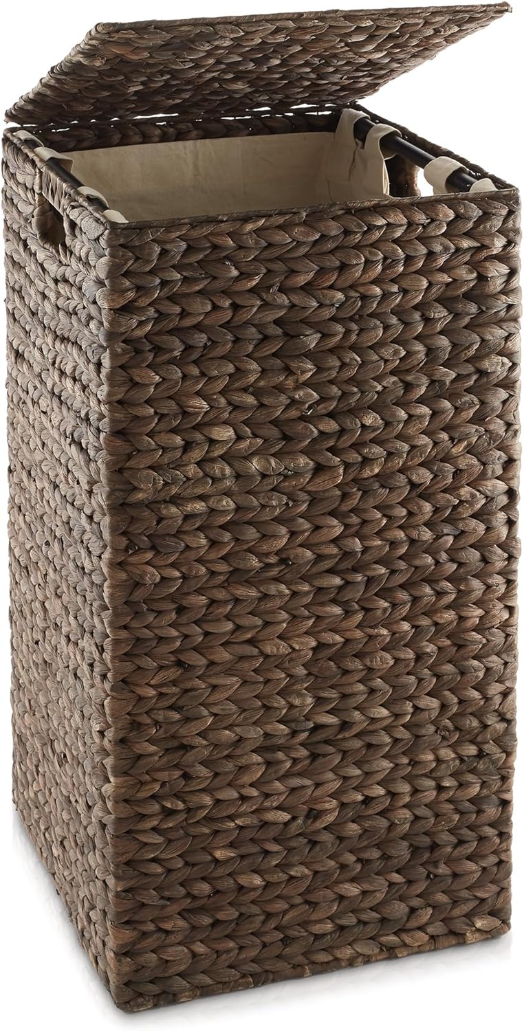 Casafield Laundry Hamper with Lid and Removable Liner Bag - Espresso, Woven Water Hyacinth Square Laundry Basket Sorter for Clothes and Towels