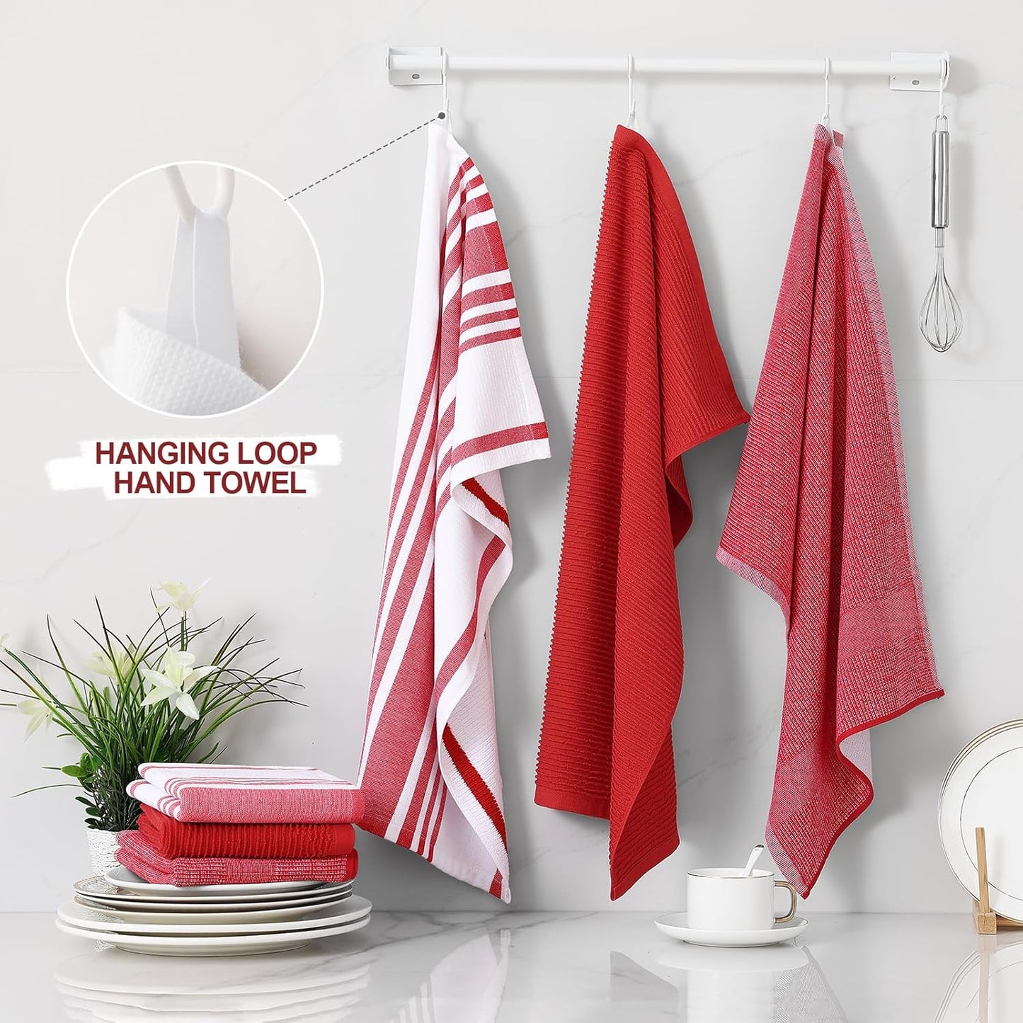 Homaxy Premium Kitchen Towels(18”x 28”, 12 Pack), Large Cotton 380 GSM Kitchen Hand Towels, Soft and Absorbent Terry Dish Towels, Multipurpose Tea Towel Set with Hanging Loop, Red