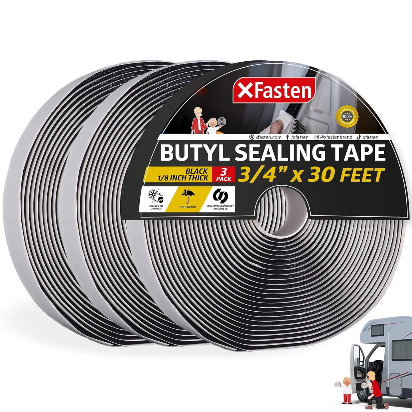 XFasten Butyl Putty Tape, Black, 1/8" x 3/4" x 30' (3-Pack) EDPM Butyl Rubber Sealant, Stretchable Camper Butyl Tape, Pool, Headlight and RV Sealant