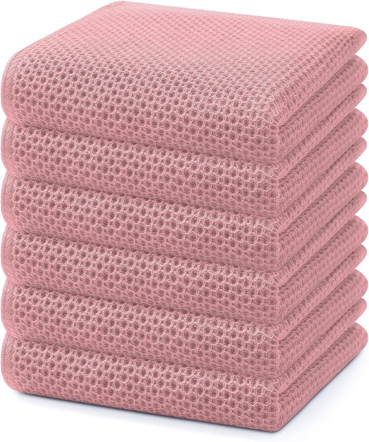 Homaxy 100% Cotton Waffle Weave Kitchen Dish Towels, Ultra Soft Absorbent Quick Drying Cleaning Towel, 13 x 28 Inches, 6-Pack, Dried Rose
