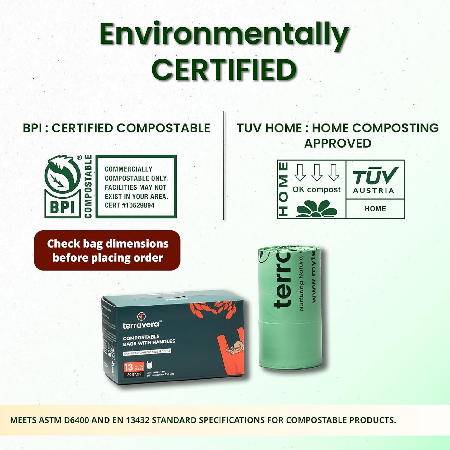 Compostable Trash Bags Bin Liners | BPI & OK Home Certified ASTM D6400 Standards | Heavy Duty Kitchen & Yard Waste Bags (13 Gallon Flat Top, 50 Count)