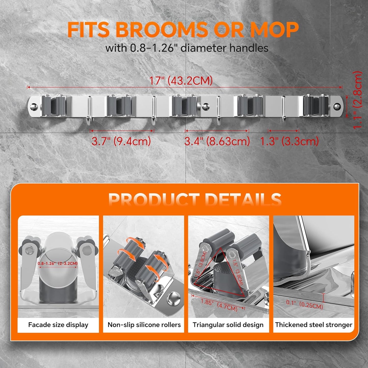 5 Grippers Broom Holder Wall Mount with 4 Hooks Stainless Steel Mop and Broom Organizer Self Adhesive or Screw Fixing for Garden Tool Rack Closet Laundry Room Kitchen Garage Storage Utility Hook