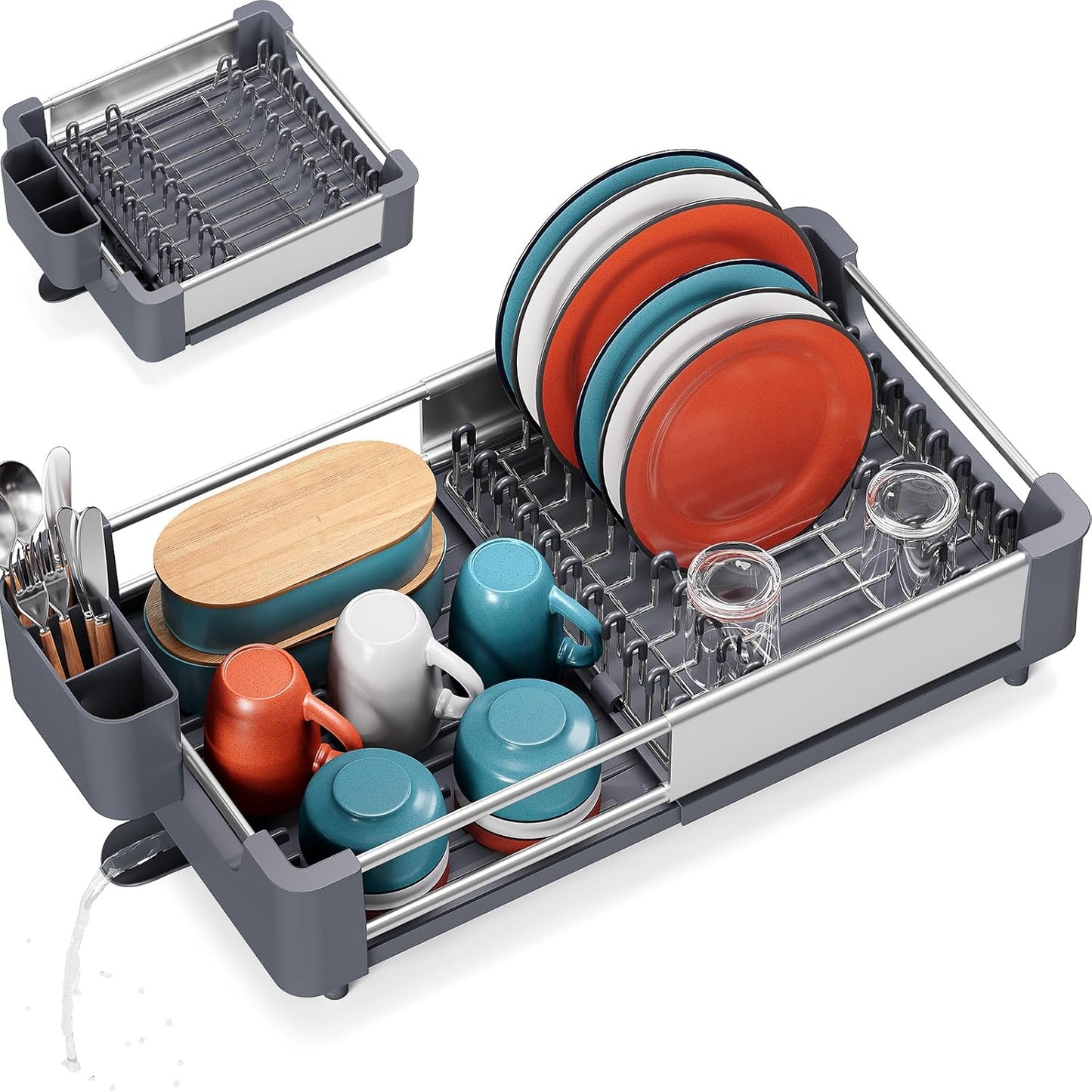 TOOLF Dish Drying Rack for Kitchen Counter, Extendable Dish Rack with Drainboard, Expandable Dish Drainer, Collapsible Dish Strainer with Cutlery Holder, Foldable Home Plate Rack, Alu Gray