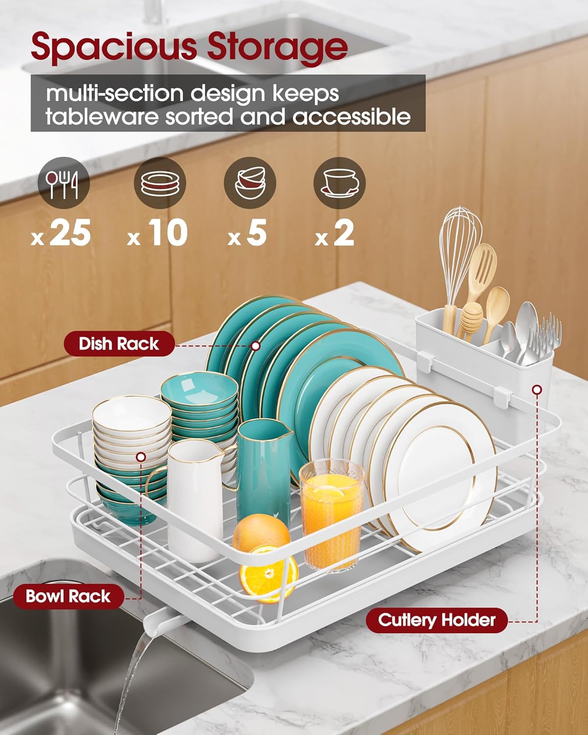 Stainless Steel Dish Drying Rack for Kitchen Counter, Sink Organization and Storage Essentials with Silverware & Utensil Holder, Home and Apartment Decor, 12''W x 15.6''L, White
