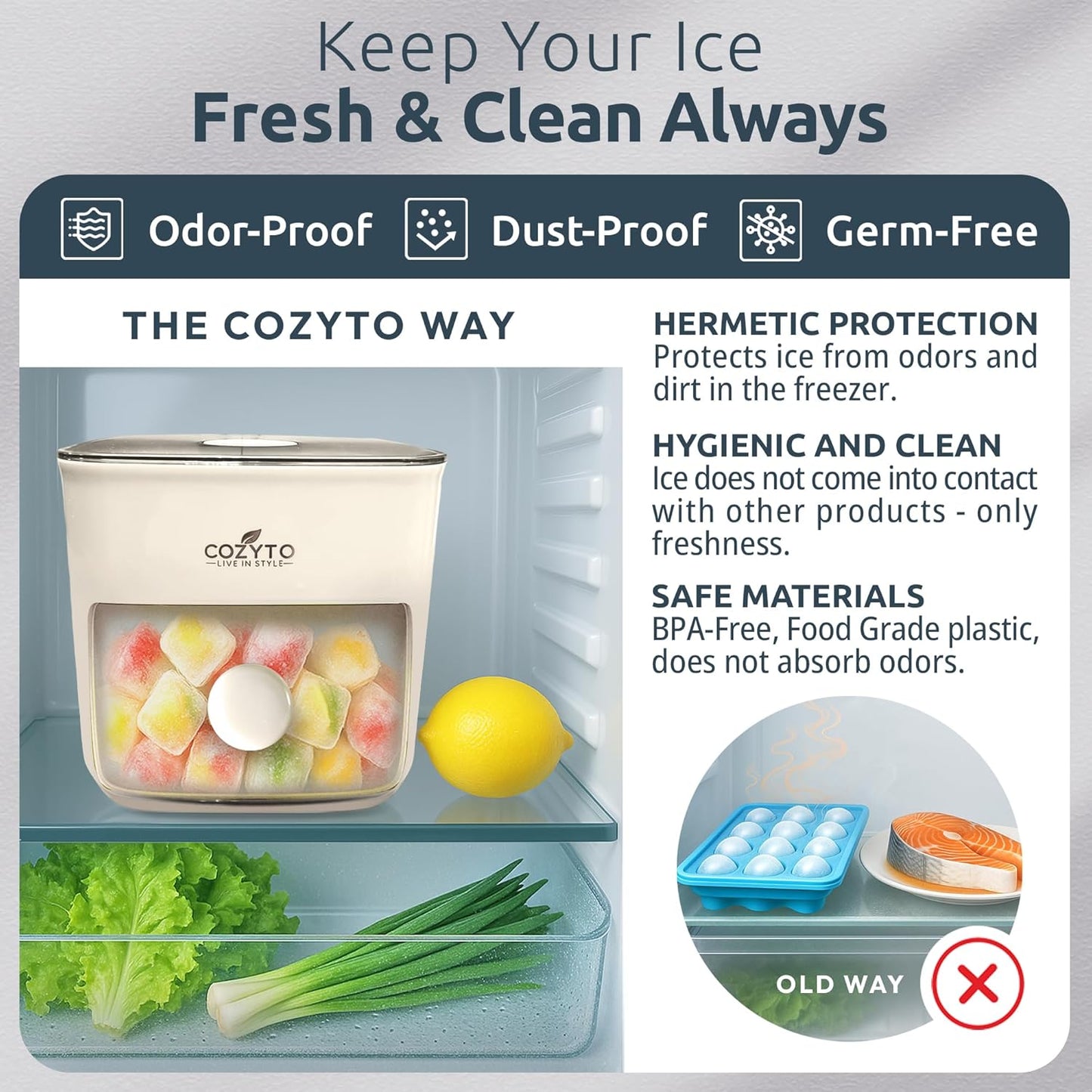 COZYTO CubeGo Ice Cube Tray with Lid and Storage Bin – One-Press Release, 48 Mini Ice Cubes, BPA-Free, Odor-Proof, Includes Scoop – DIY Fruit Ice for Cocktails, Drinks & Smoothies (Cream White)
