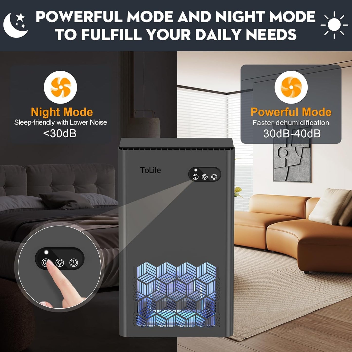 ToLife Dehumidifier for Home, 1000 sq.ft Dehumidifiers for Basement Bedroom Bathroom with 95 OZ Water Tank, Auto Shut Off 7 Colors LED Light, Grey