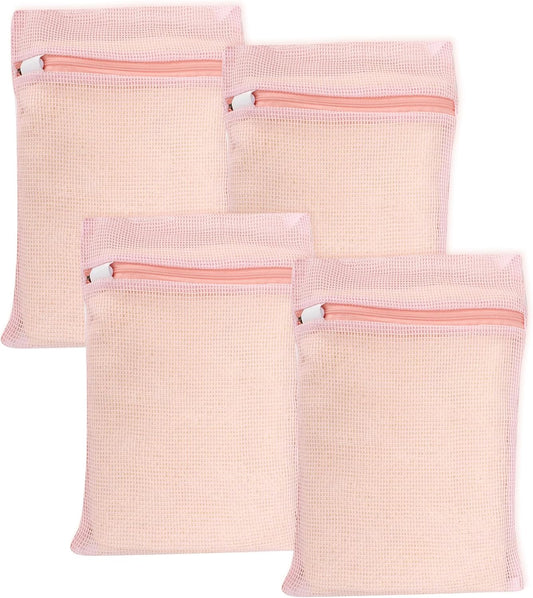 4 Piece Pink Small, Durable Organic Cotton Mesh Laundry Bag with Strong Zipper and Breathable Mesh, Delicate Laundry Bag for Underwear, Clothes, Pants and Socks
