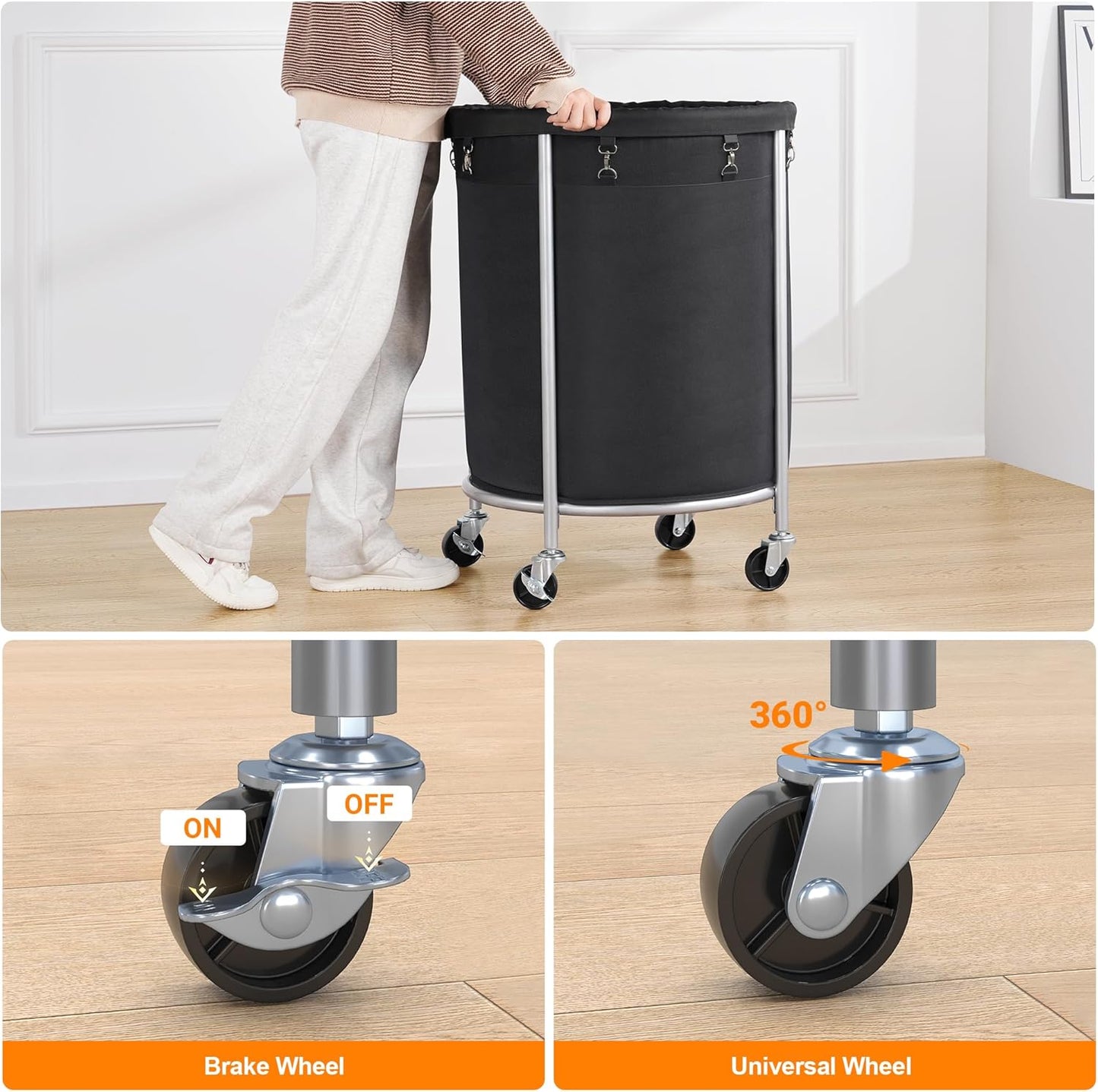 ELYKEN Laundry Hamper on Wheels, 23.6" Diameter 170L Large Capacity Laundry Basket with Removable Liner Bag, Easy Rolling Clothes Cart with 4 Casters and 2 Brakes, Sturdy Metal Frame, Black