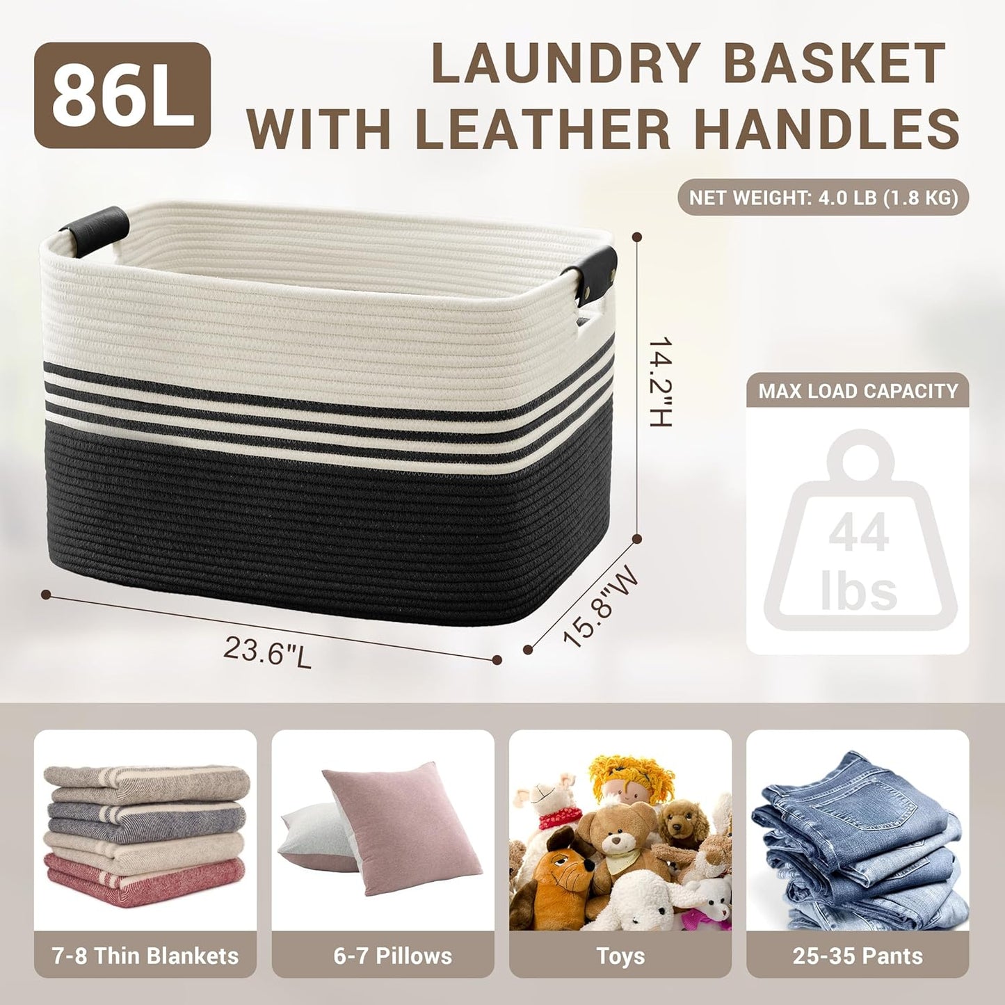 86L Extra Large Laundry Basket with Leather Handles for Living Room Storage, Woven Rope Baskets for Blanket, Kids Toy, Gifts, Wicker Hamper for Bedroom Dirty Clothes, 24"x16"x14" White Black
