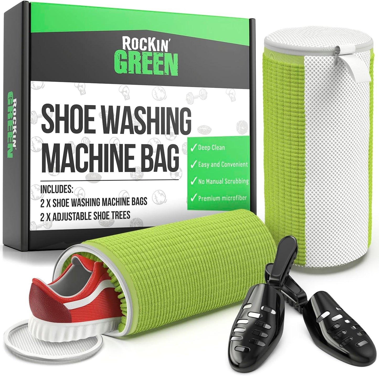 Rockin'Green Shoe Washing Machine Bag - 360° Deep Clean Shoe Washing Bag - Shoe Bag for Washing Machine with Cleaning Fibers - Reusable Sneaker Washing Machine Bag with Zipper (2 Pieces)